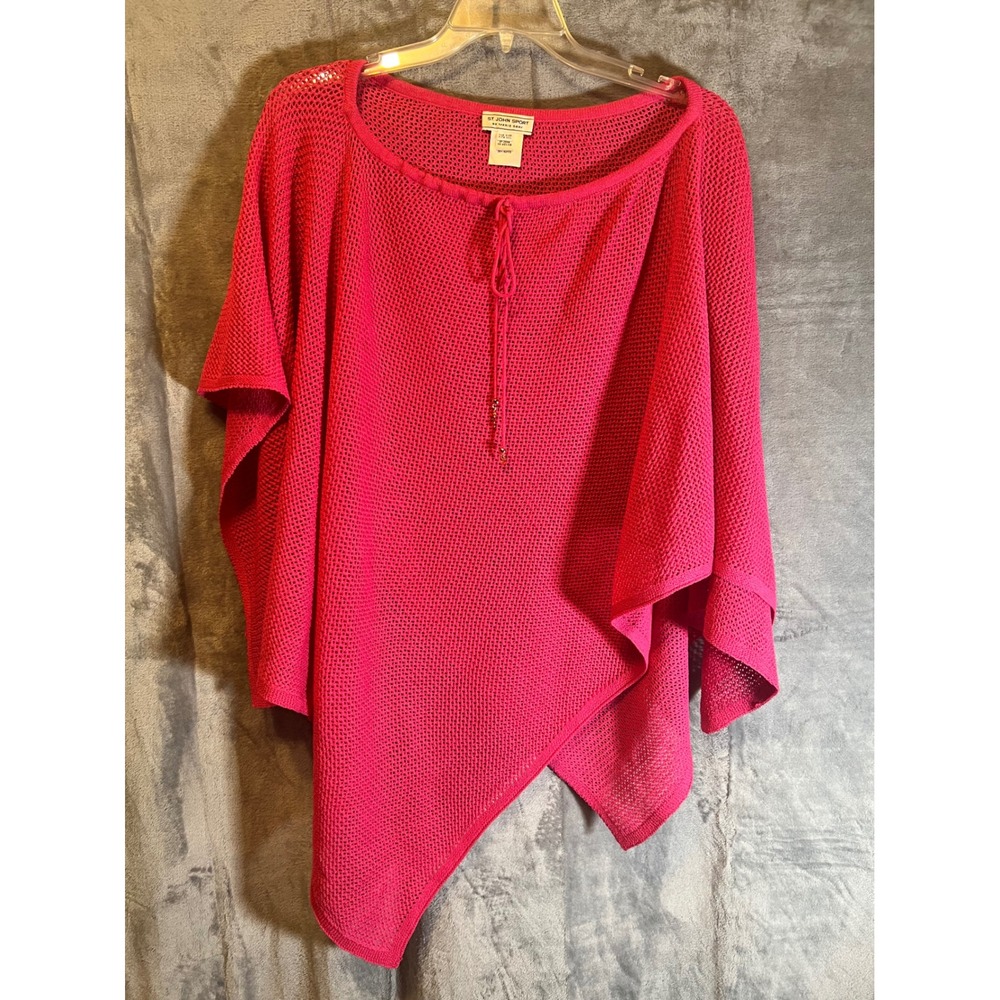St John Sport Wool Rayon Knit Poncho Top One Size Hot‎ Pink Logo Accent OSFA